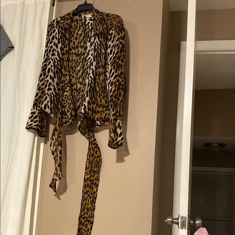 Brown and Black Tie Front Wrap Blouse